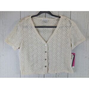 JD Stone Size 8 Womens Ivory Cropped Button Up Knit Short‎ Sleeve Top NWT